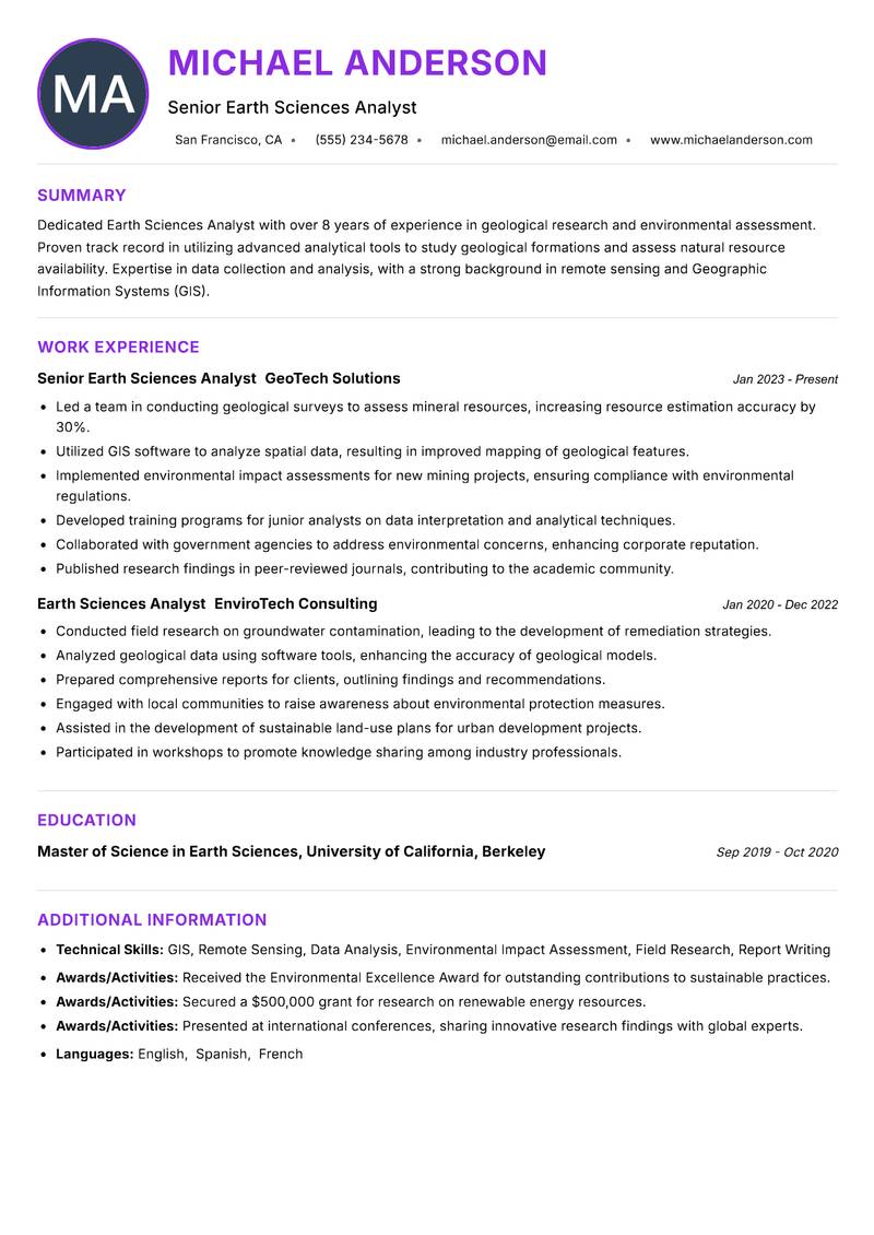 Earth Sciences Analyst resume example — ATS-friendly template