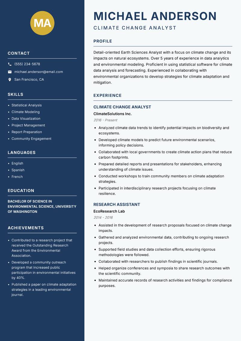 Earth Sciences Analyst resume template — Classic Clean