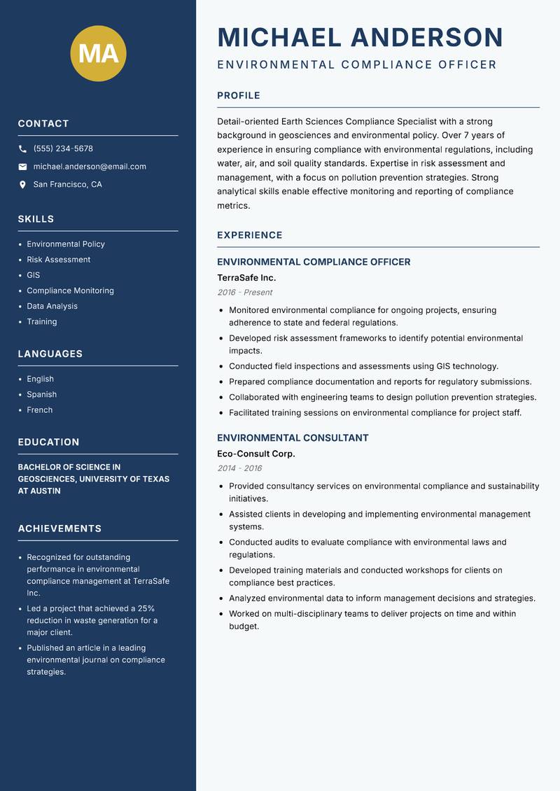 Earth Sciences Compliance Specialist resume template — Classic Clean