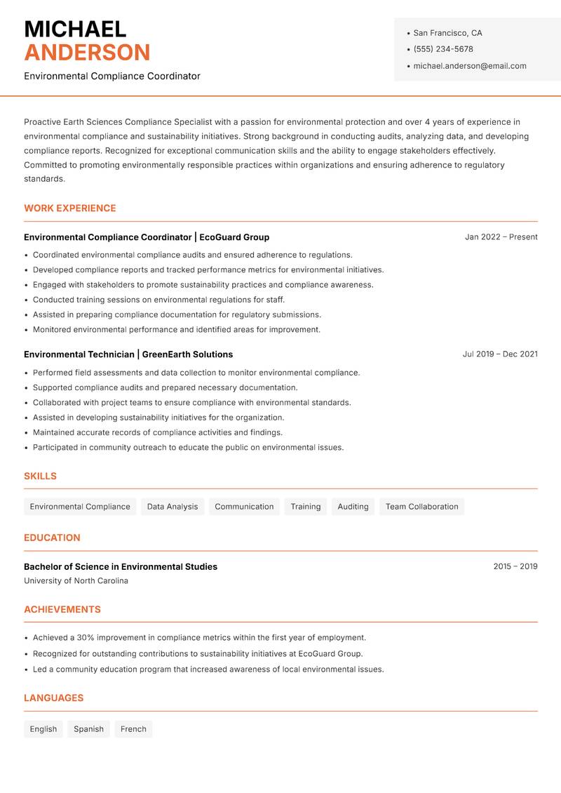 Earth Sciences Compliance Specialist resume template — Modern Professional