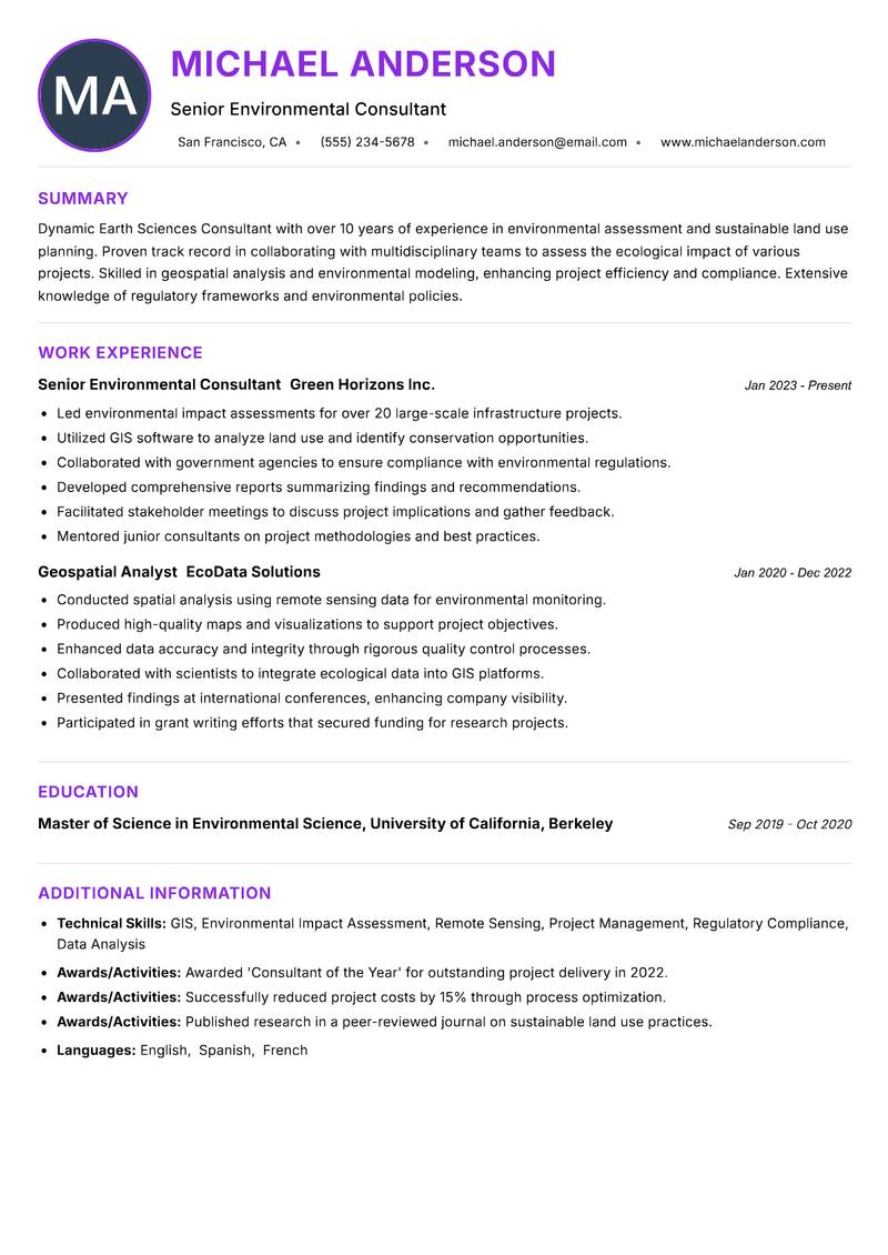 Earth Sciences Consultant resume example — ATS-friendly template