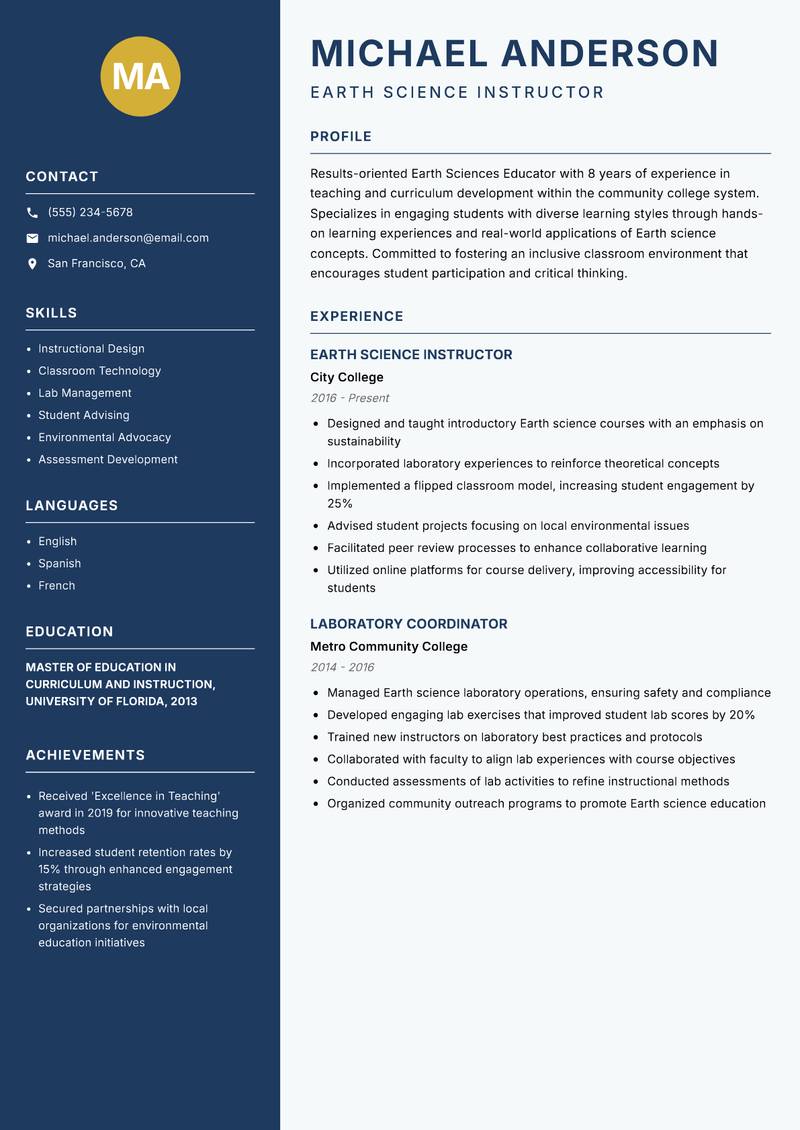 Earth Sciences Educator resume template — Classic Clean