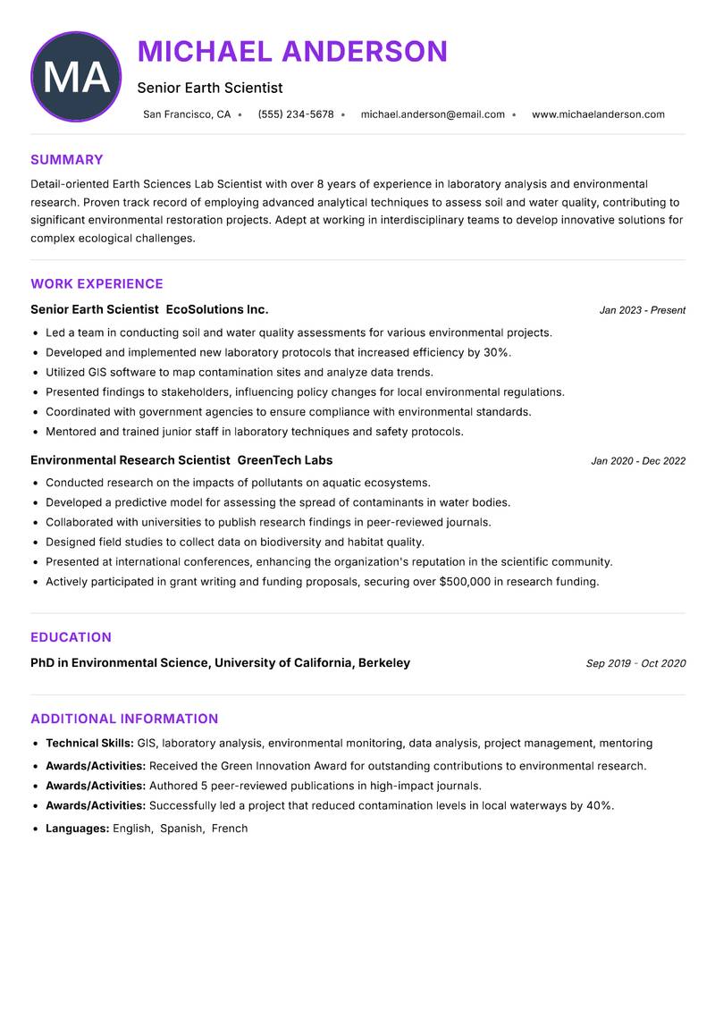 Earth Sciences Lab Scientist resume example — ATS-friendly template