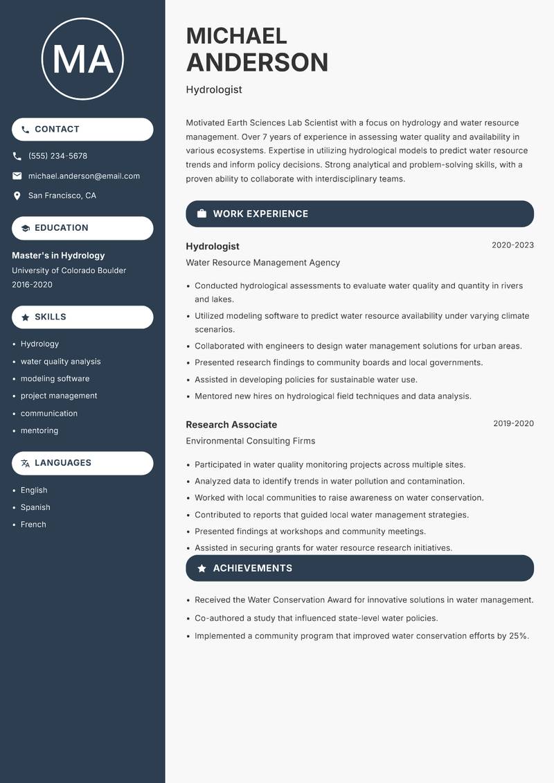 Earth Sciences Lab Scientist resume template — Compact