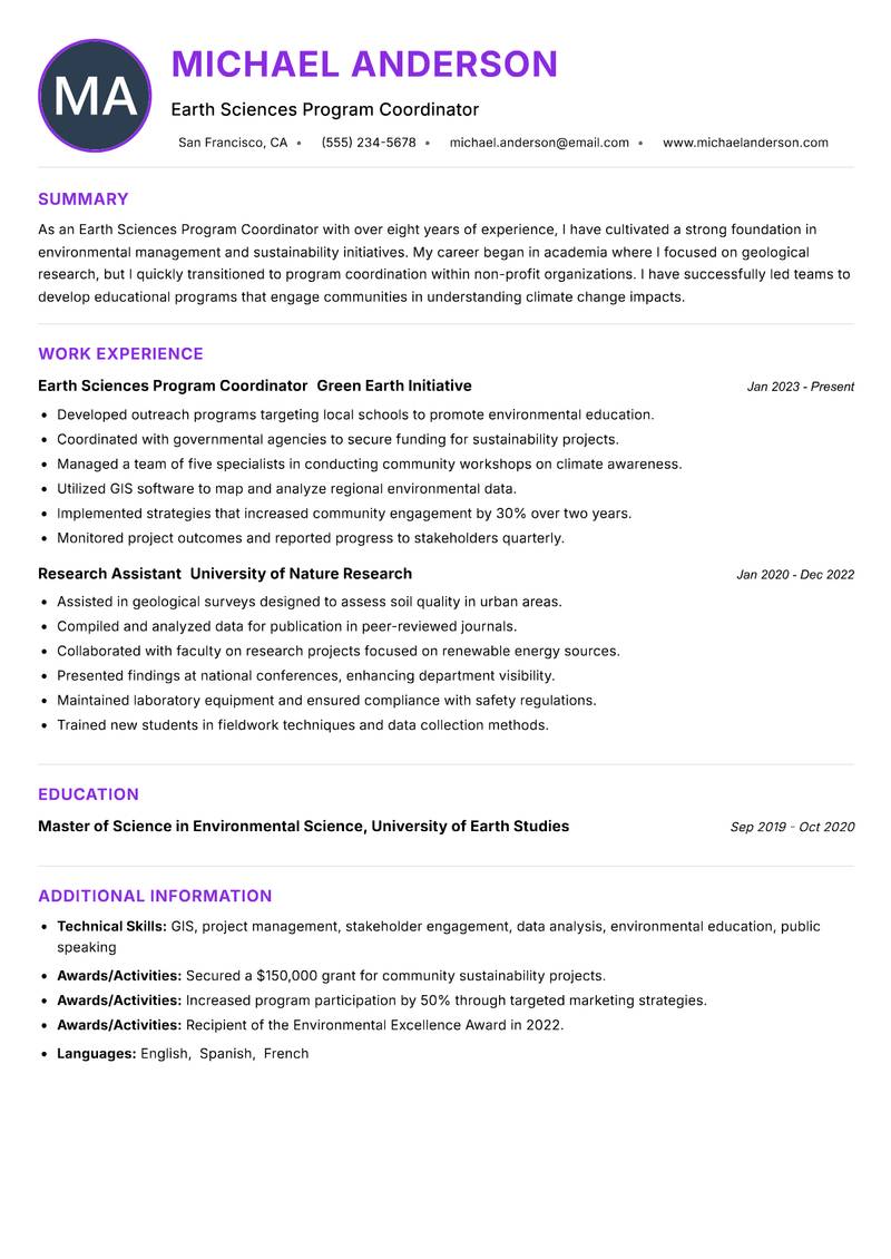 Earth Sciences Program Coordinator resume example — ATS-friendly template