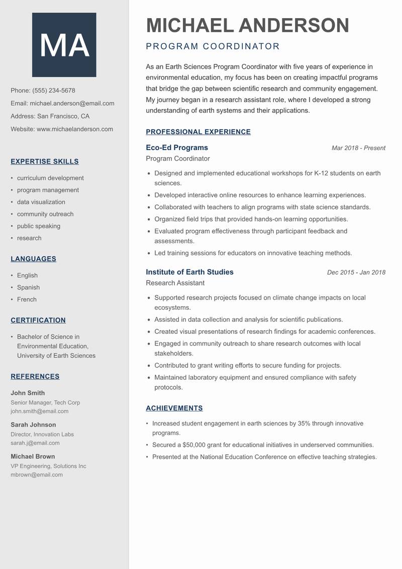 Earth Sciences Program Coordinator resume template — Creative Minimal