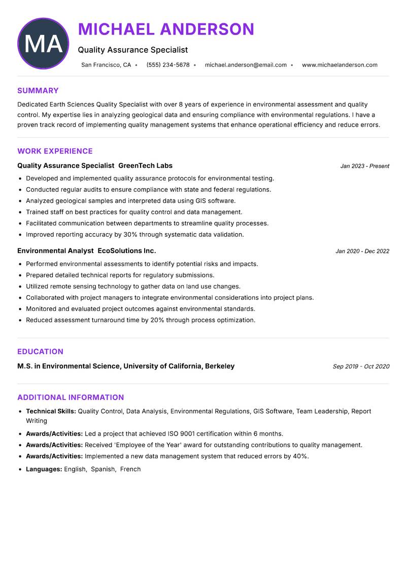 Earth Sciences Quality Specialist resume example — ATS-friendly template