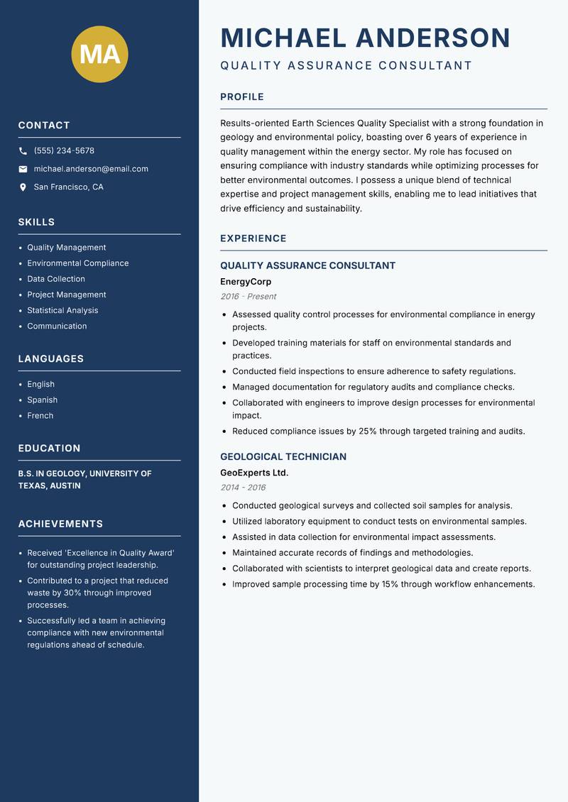 Earth Sciences Quality Specialist resume template — Classic Clean