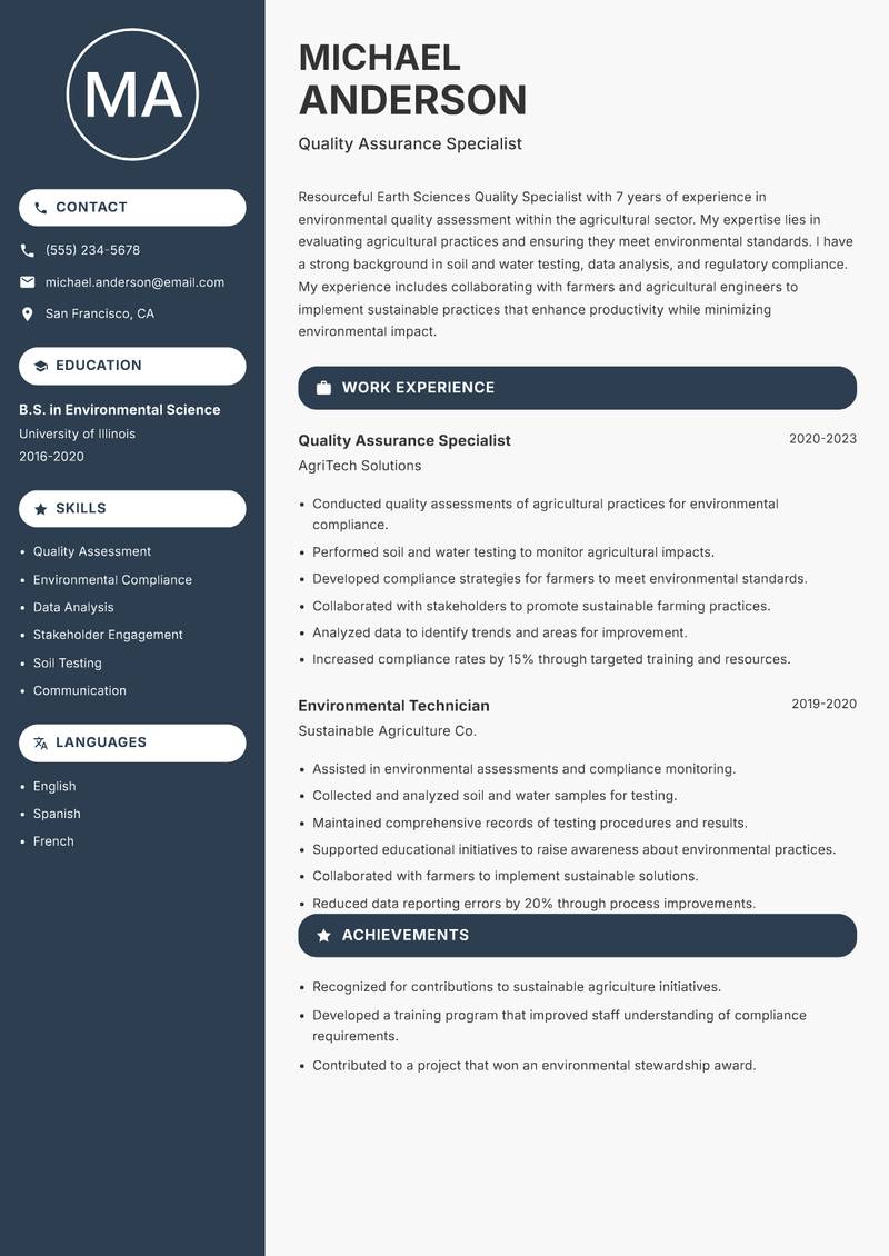 Earth Sciences Quality Specialist resume template — Compact