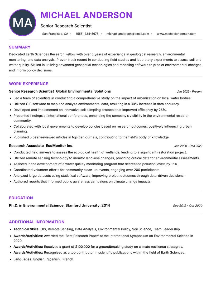 Earth Sciences Research Fellow resume example — ATS-friendly template