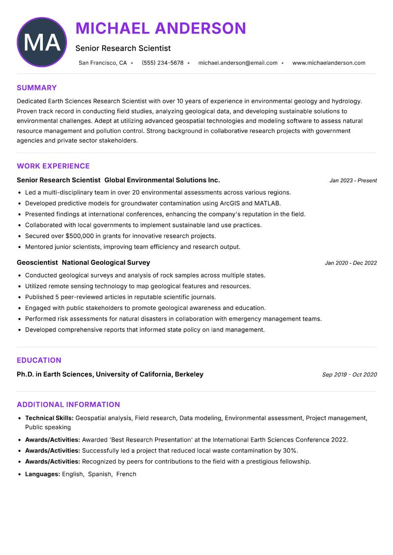 Earth Sciences Research Scientist resume example — ATS-friendly template