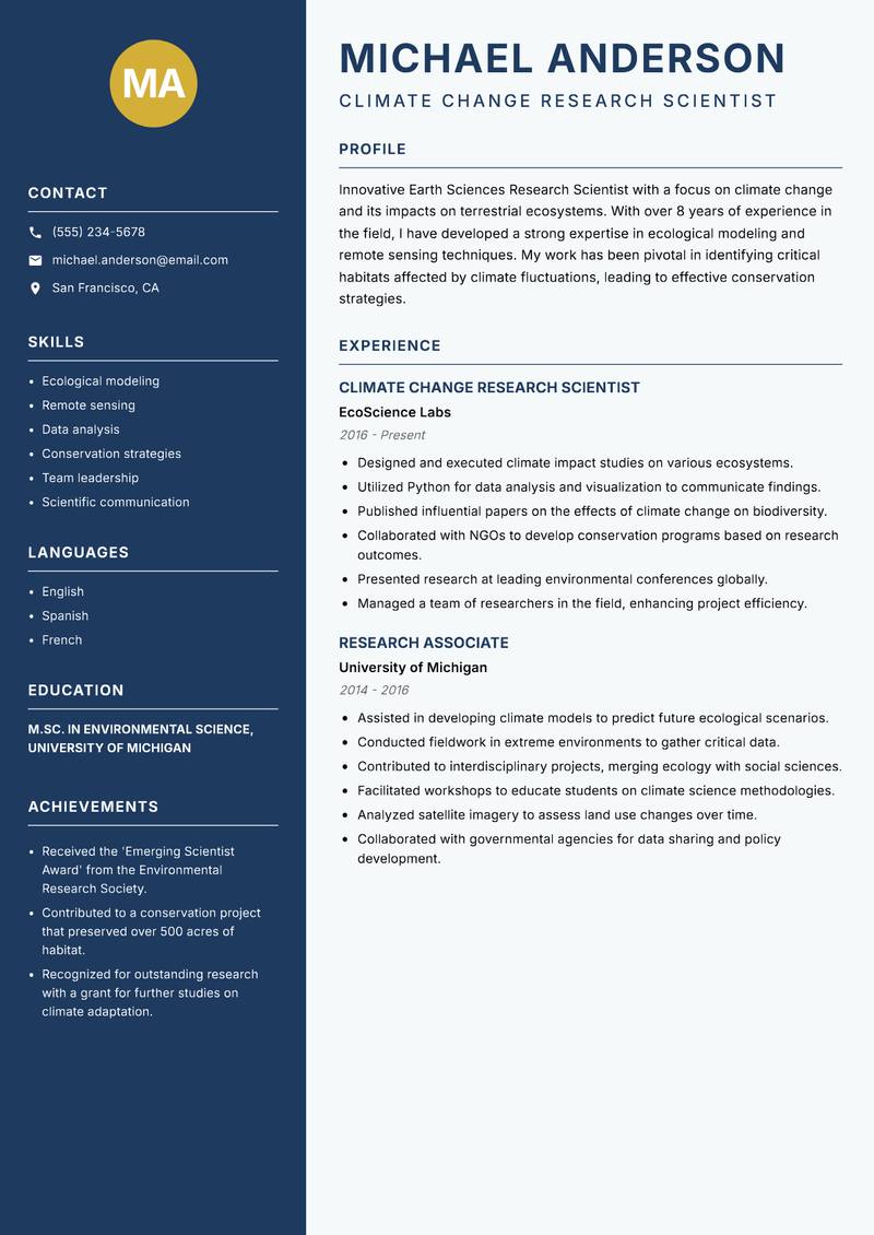 Earth Sciences Research Scientist resume template — Classic Clean