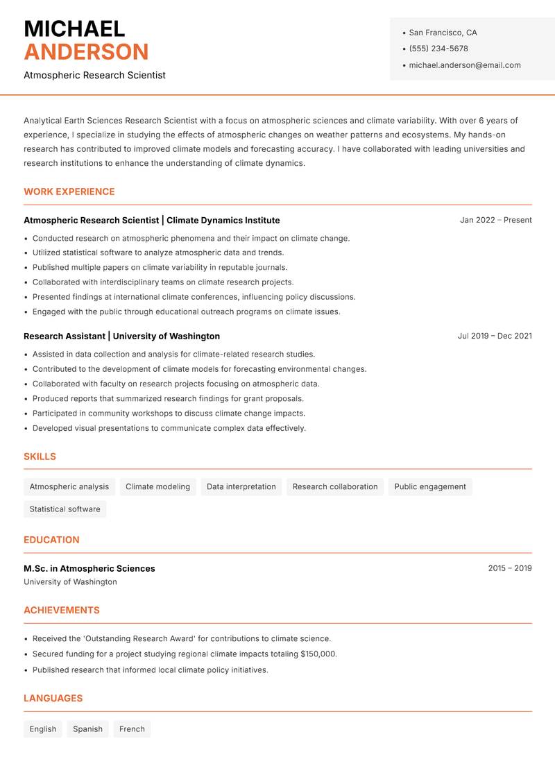 Earth Sciences Research Scientist resume template — Modern Professional