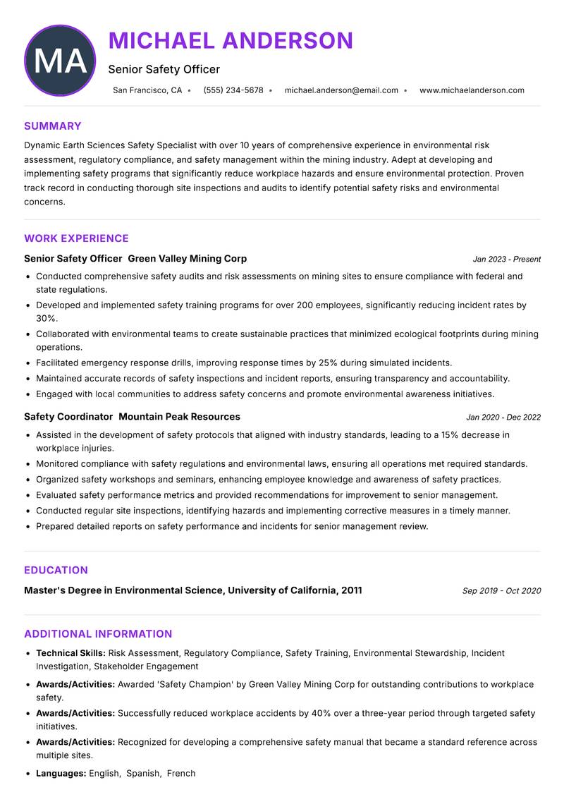 Earth Sciences Safety Specialist resume example — ATS-friendly template