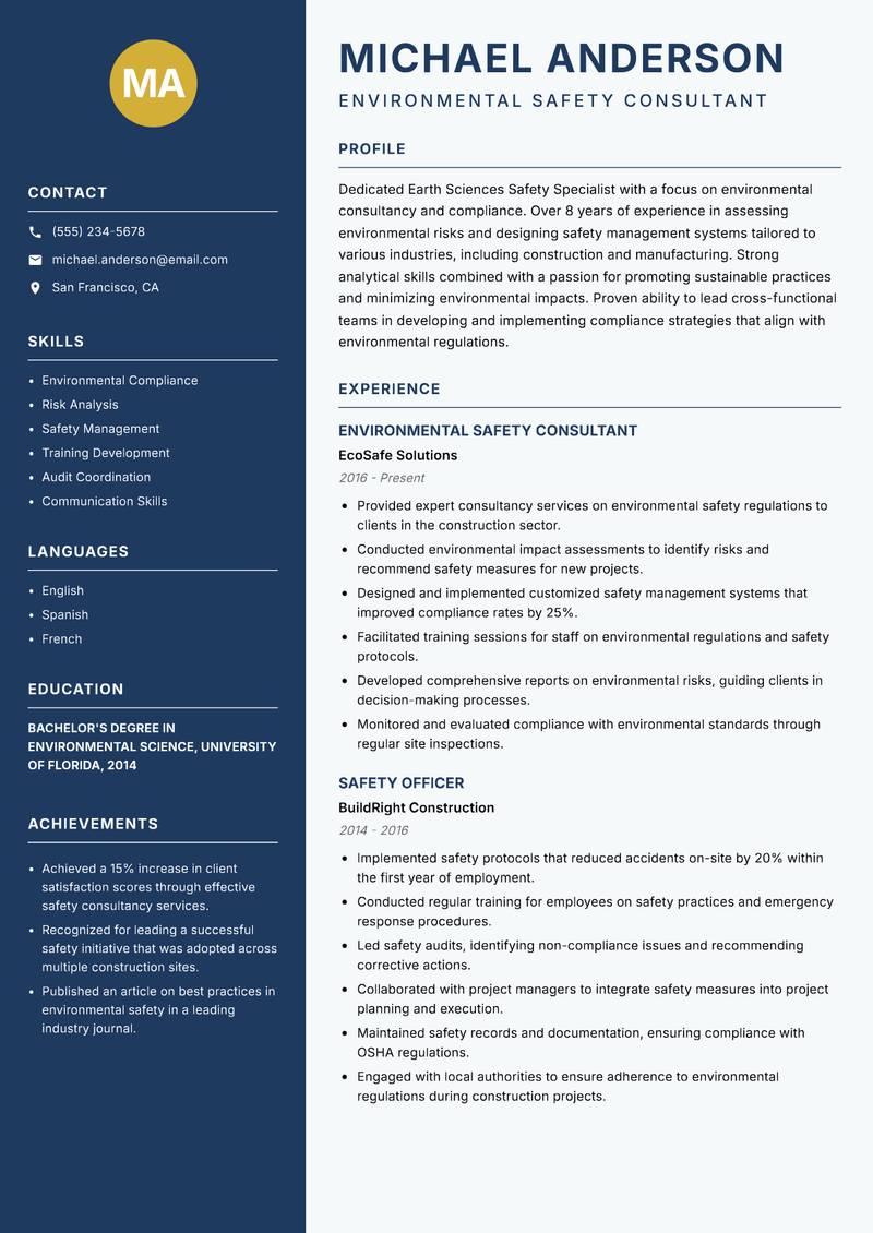 Earth Sciences Safety Specialist resume template — Classic Clean