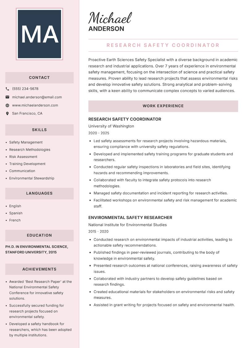 Earth Sciences Safety Specialist resume template — Executive