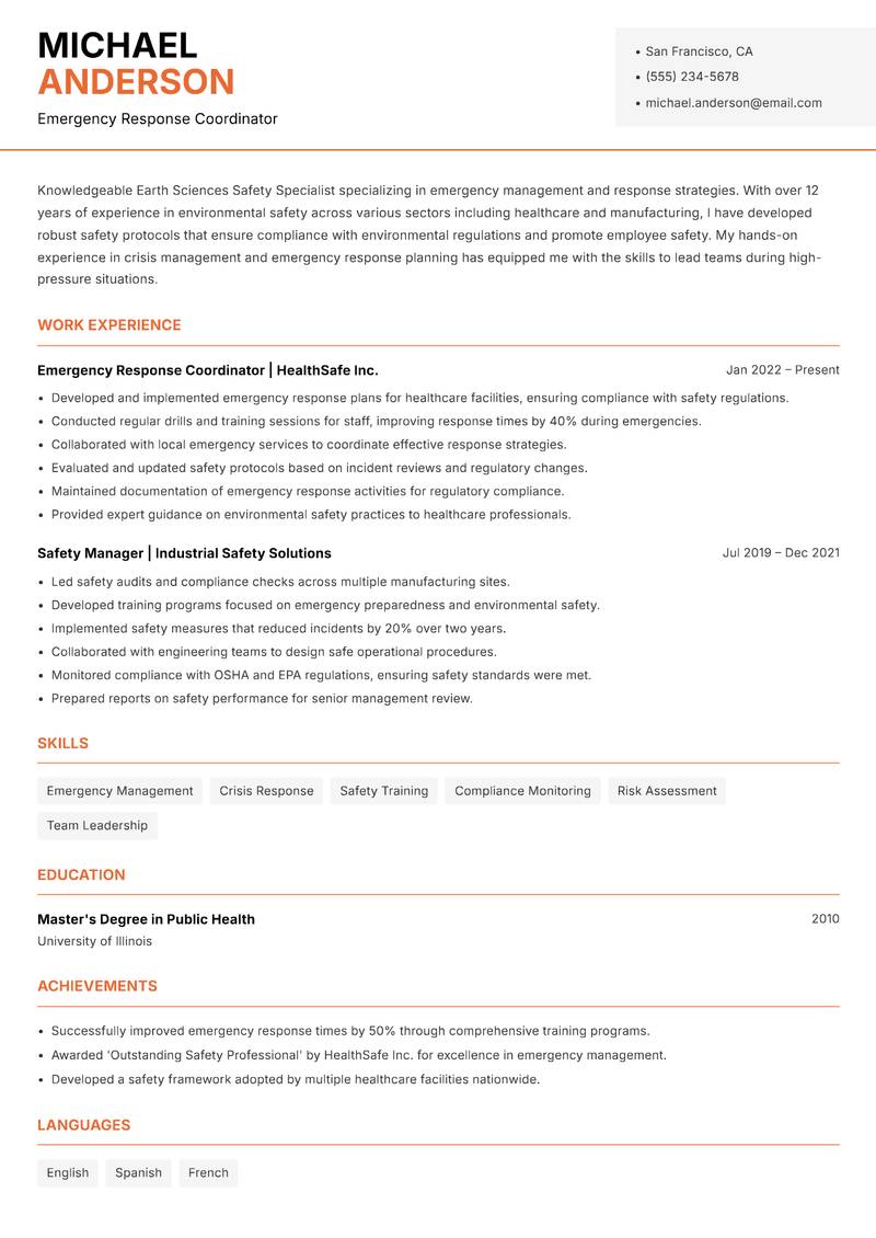 Earth Sciences Safety Specialist resume template — Modern Professional