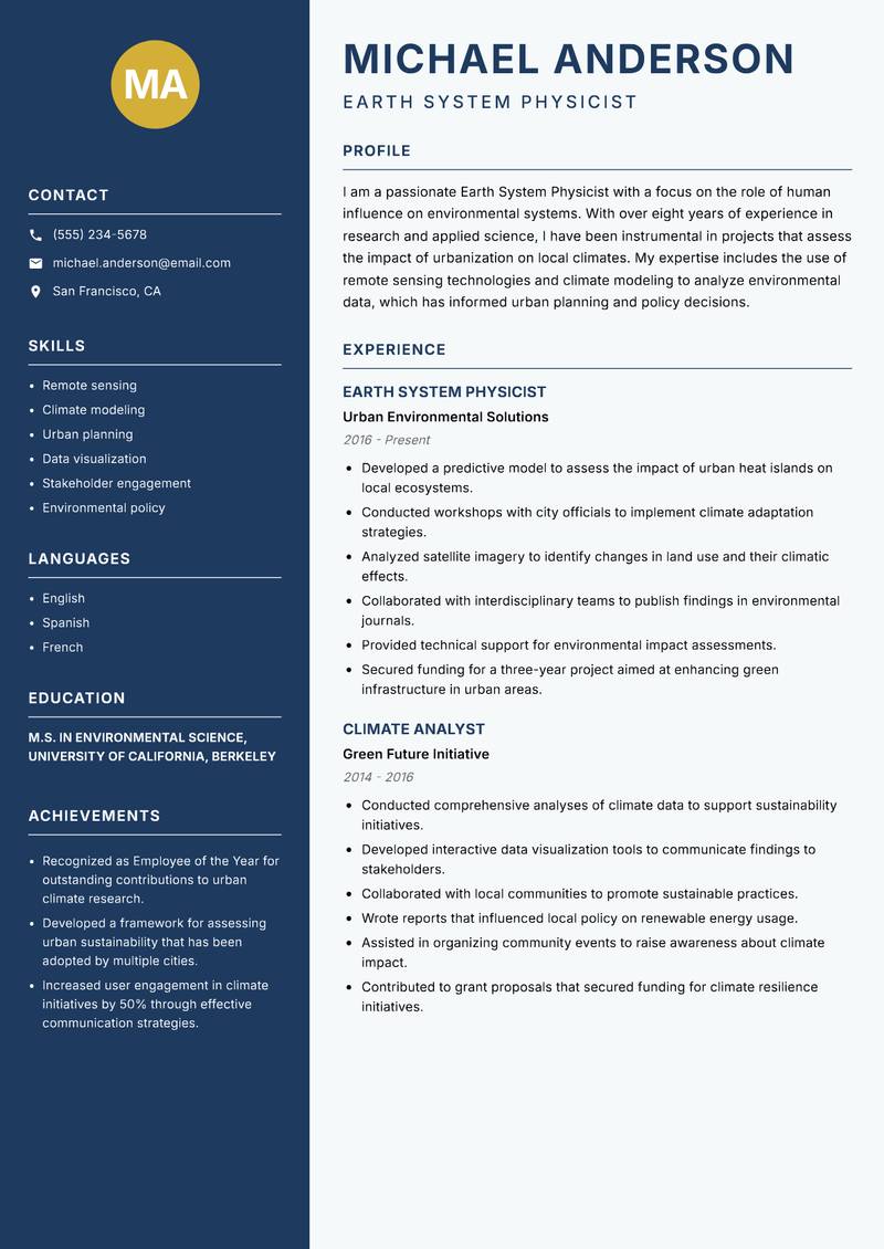 Earth System Physicist resume template — Classic Clean