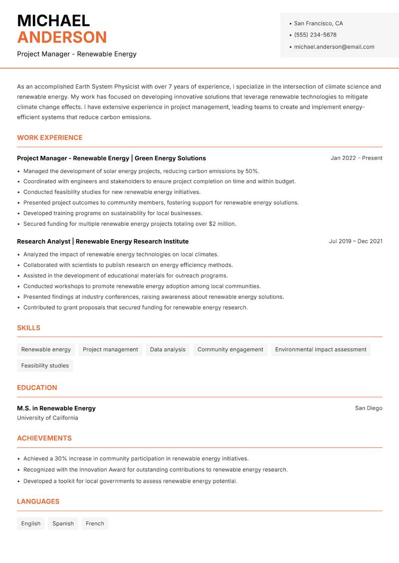 Earth System Physicist resume template — Modern Professional
