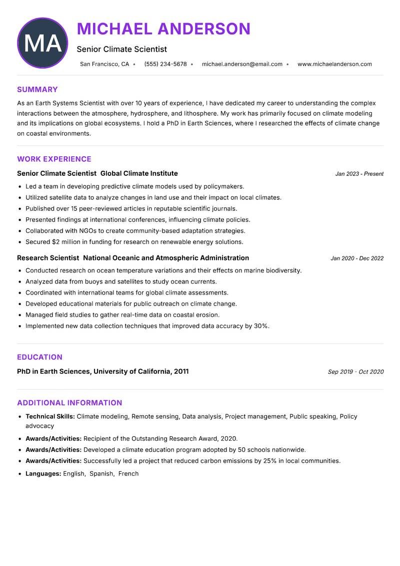 Earth Systems Scientist resume example — ATS-friendly template