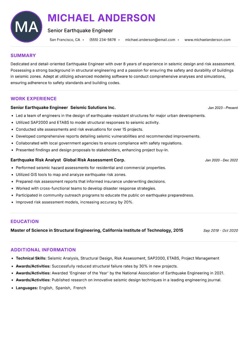 Earthquake Engineer resume example — ATS-friendly template