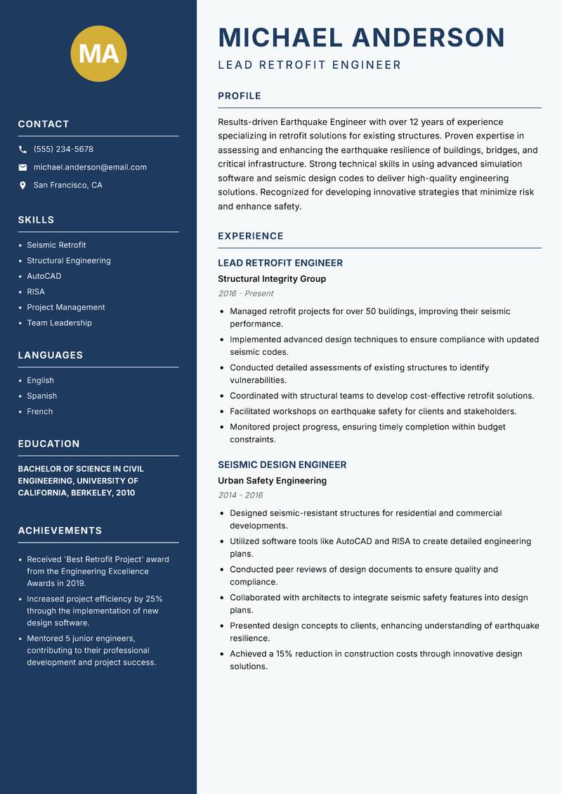 Earthquake Engineer resume template — Classic Clean