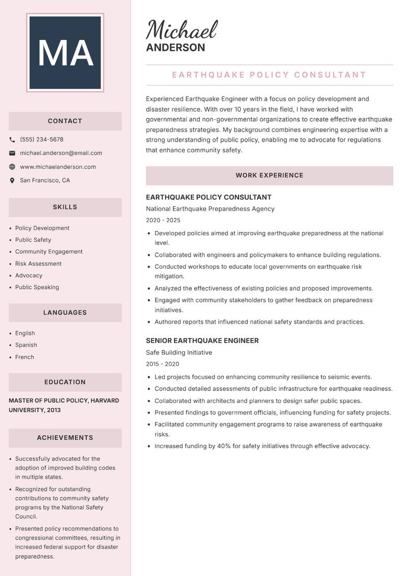 Earthquake Engineer resume template — Executive