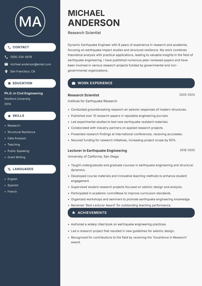 Earthquake Engineer resume template — Compact