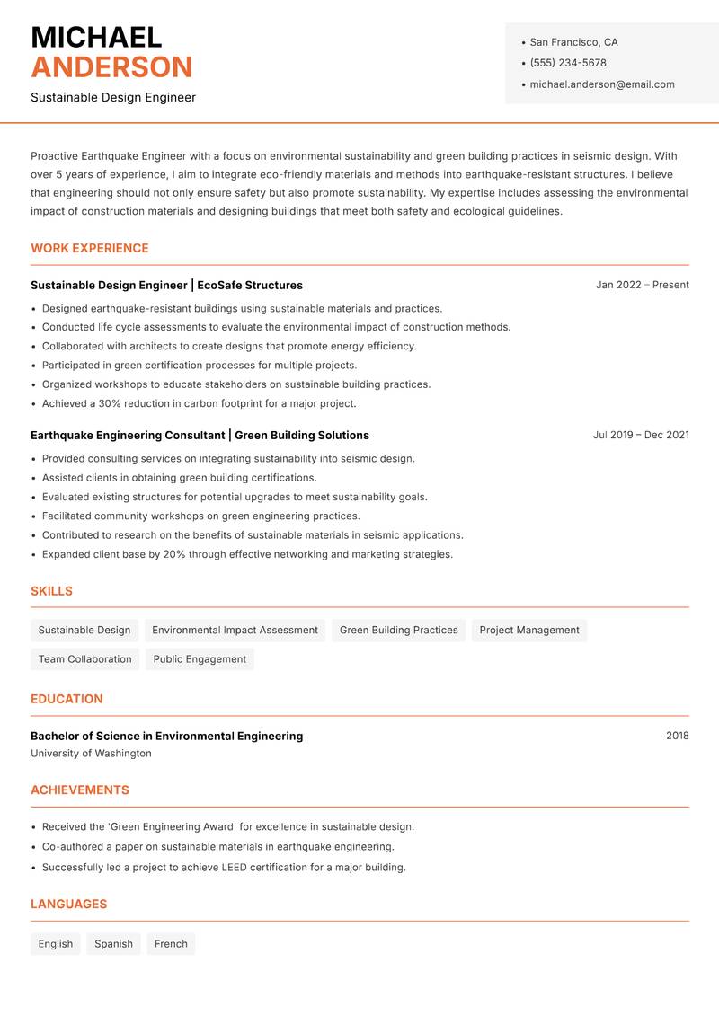 Earthquake Engineer resume template — Modern Professional