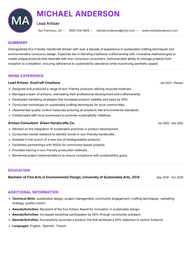 Eco Friendly Handicraft Artisan resume example — ATS-friendly template
