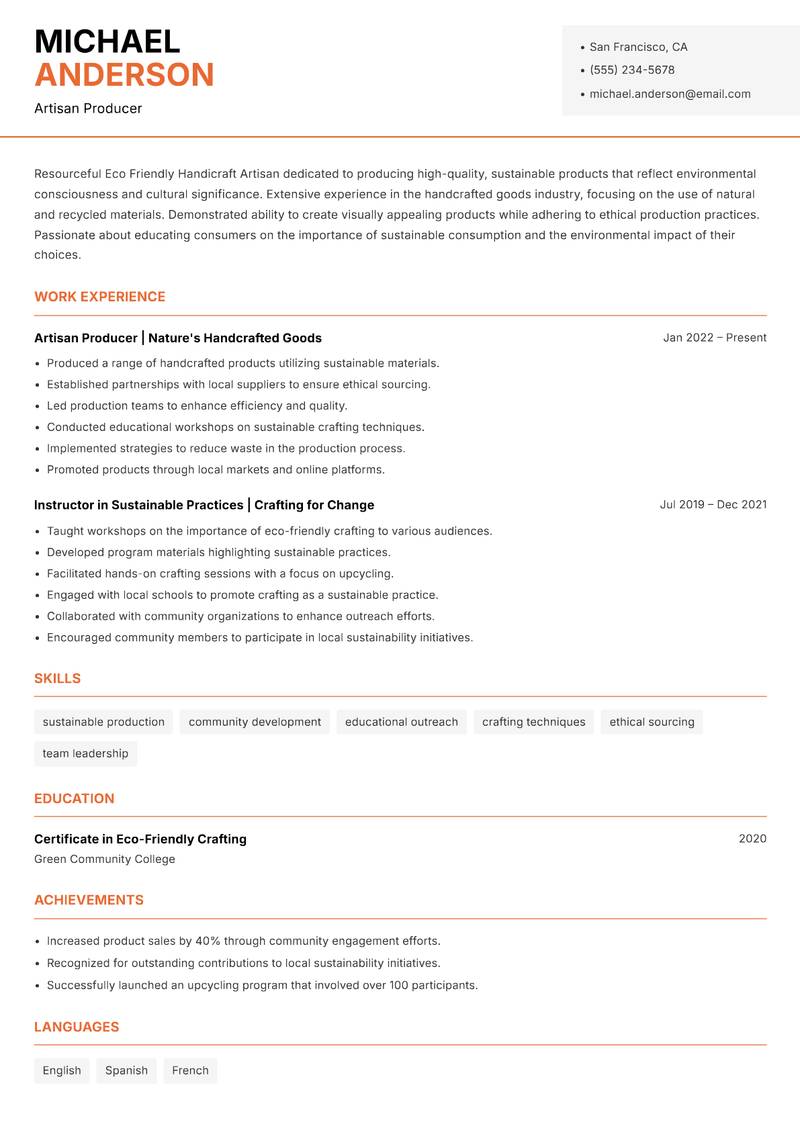 Eco Friendly Handicraft Artisan resume template — Modern Professional