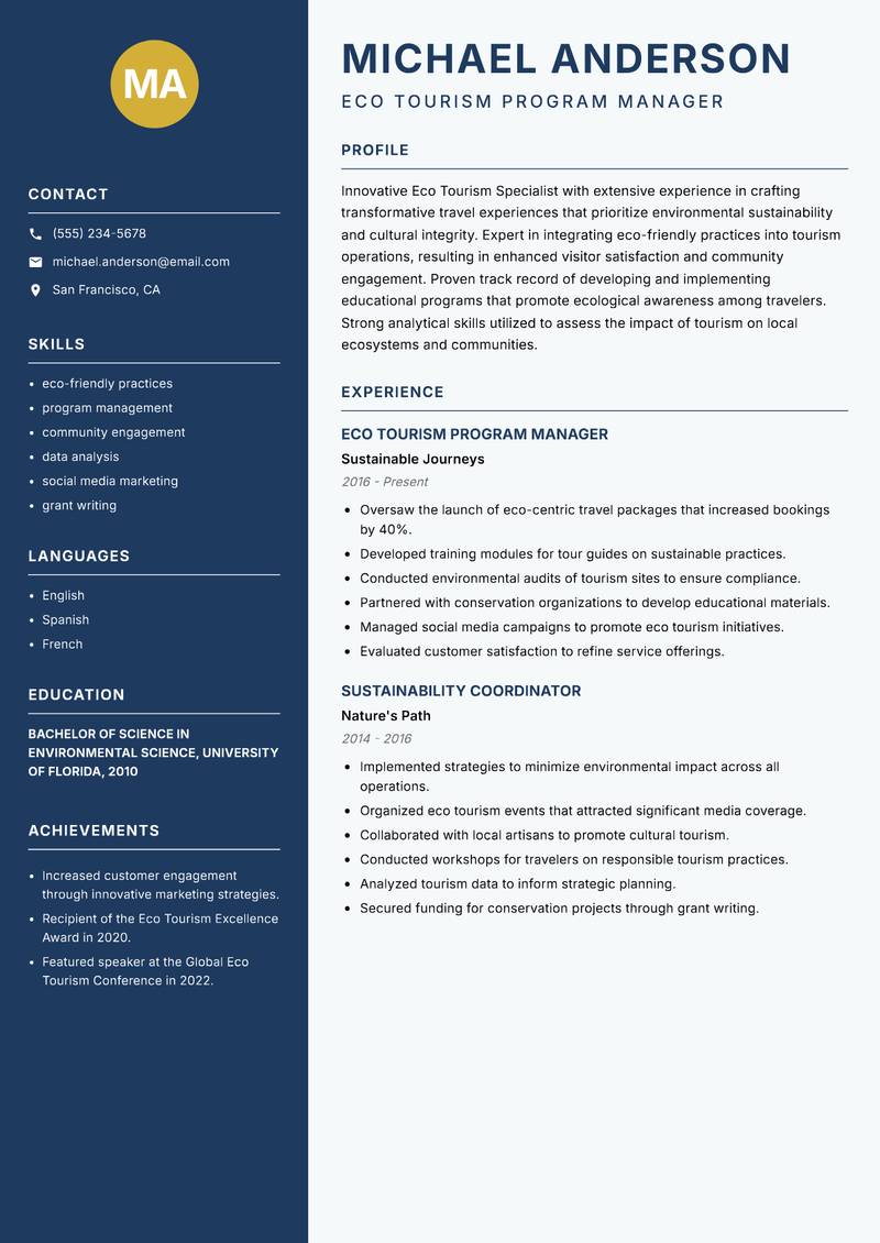 Eco Tourism Specialist resume template — Classic Clean
