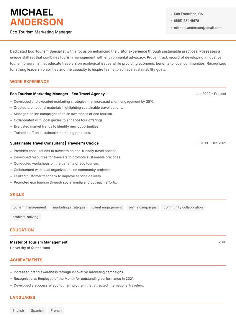 Eco Tourism Specialist resume template — Modern Professional