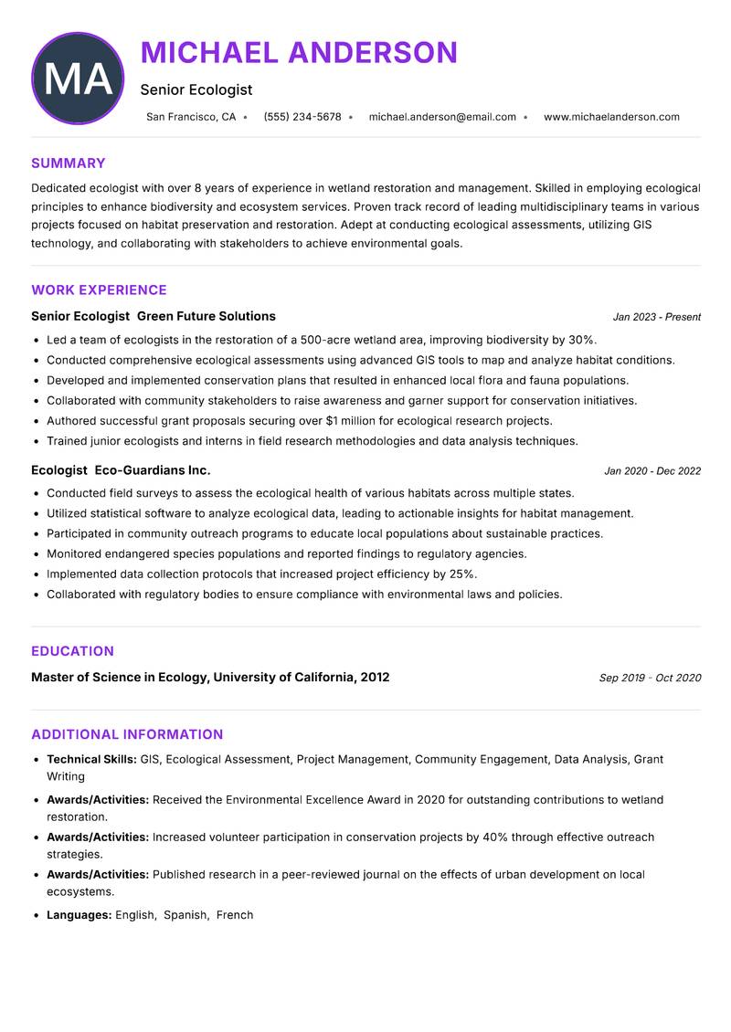 Ecologist resume example — ATS-friendly template