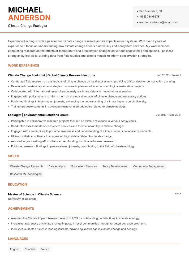 Ecologist resume template — Modern Professional