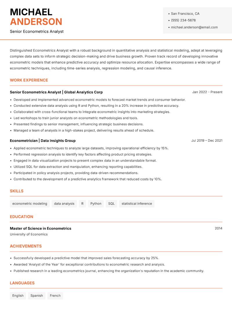 Econometrics Analyst resume template — Modern Professional