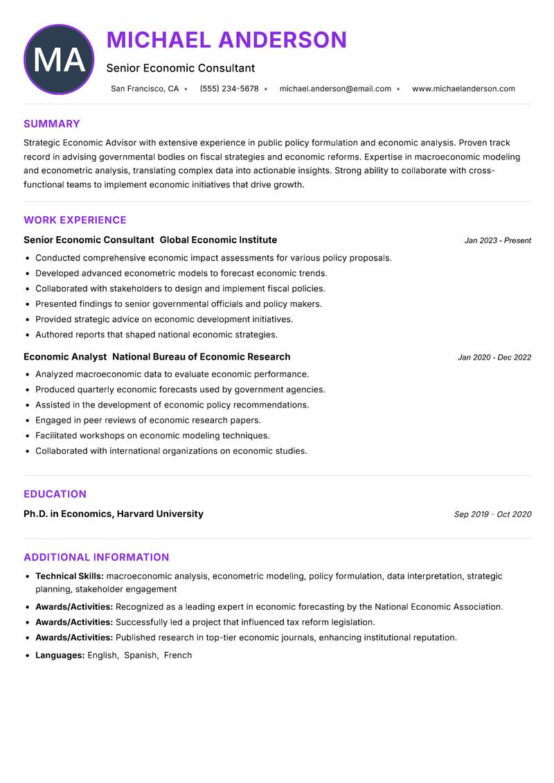Economic Advisor resume example — ATS-friendly template