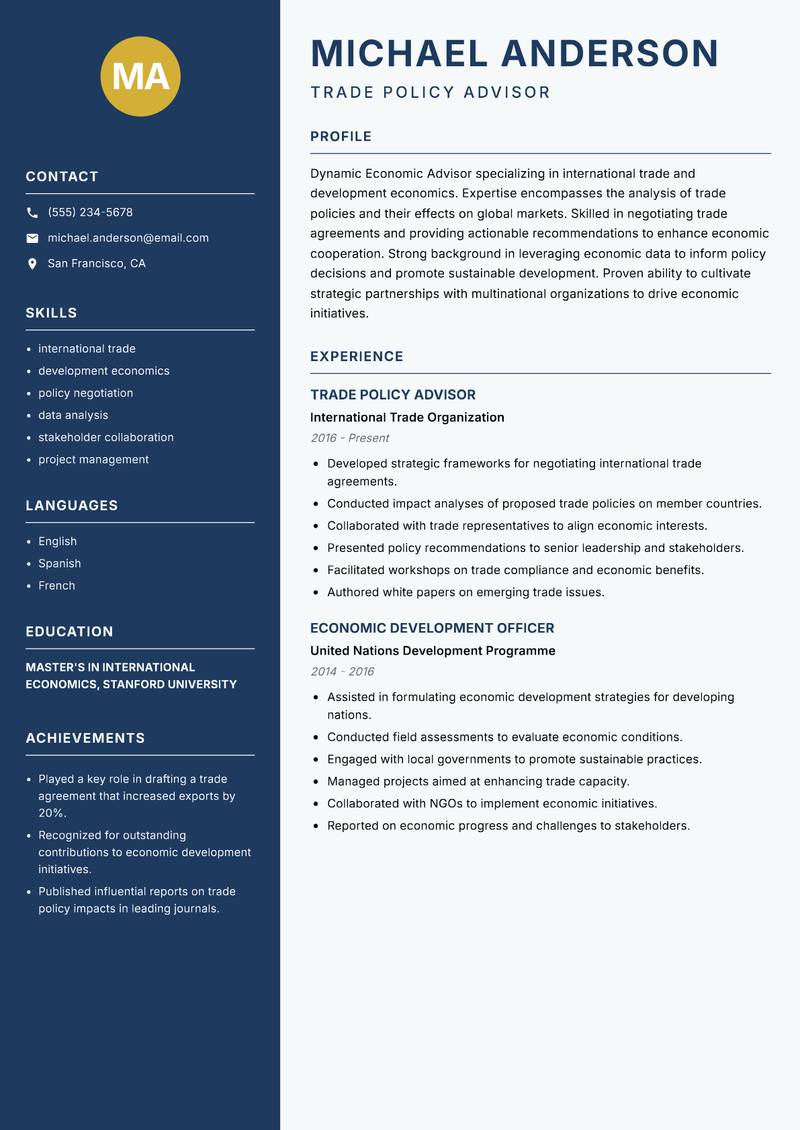 Economic Advisor resume template — Classic Clean