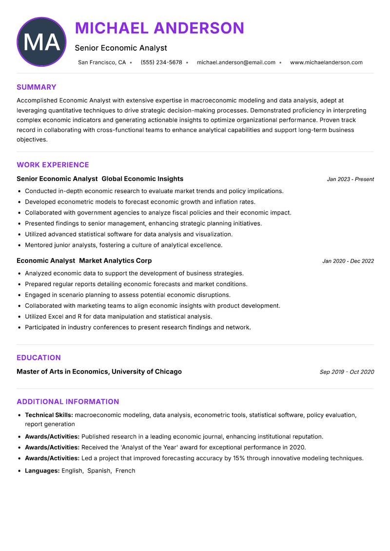 Economic Analyst resume example — ATS-friendly template