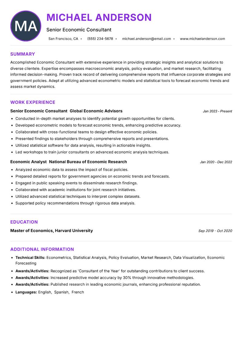 Economic Consultant resume example — ATS-friendly template