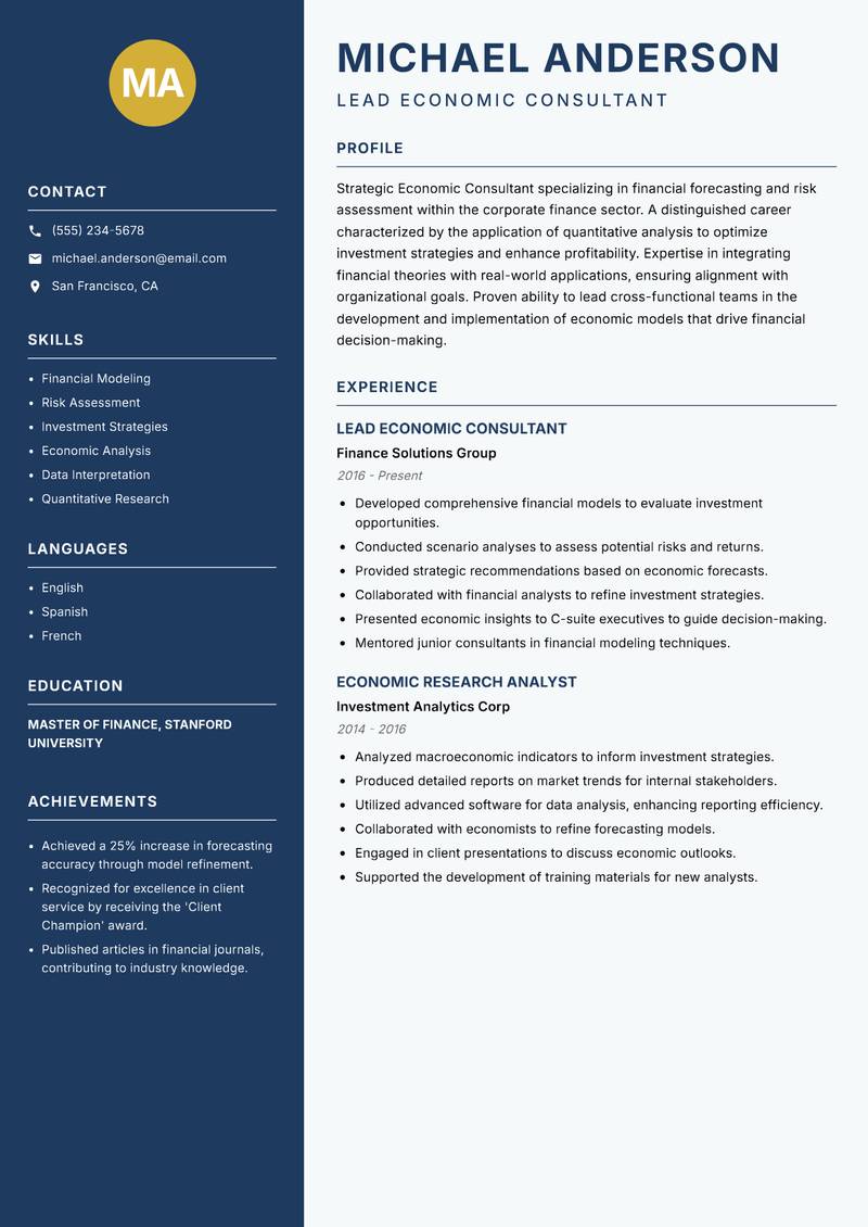 Economic Consultant resume template — Classic Clean