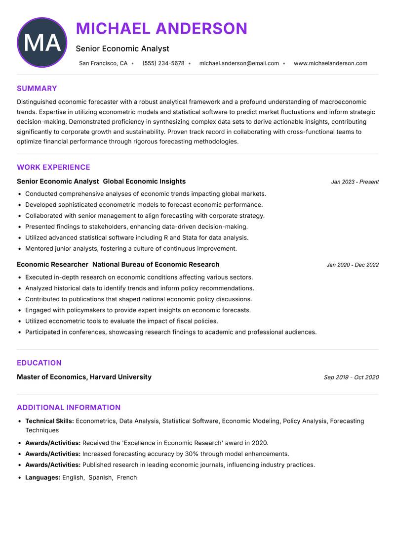 Economic Forecaster resume example — ATS-friendly template