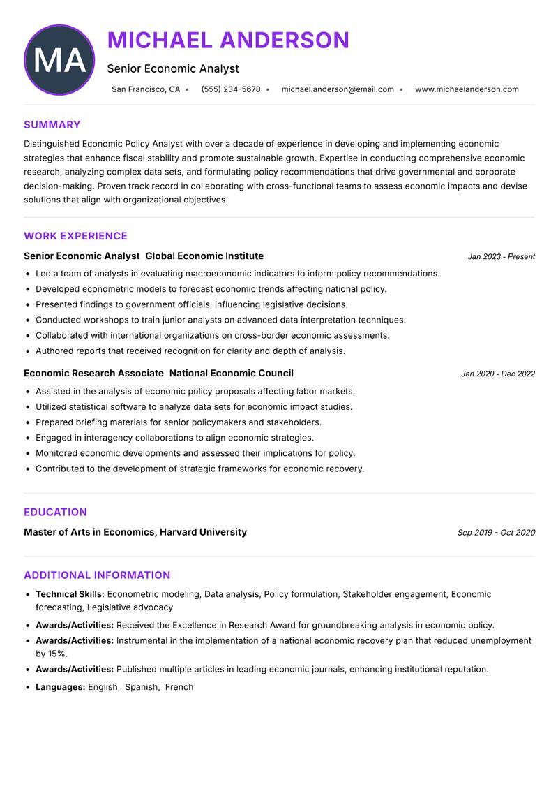 Economic Policy Analyst resume example — ATS-friendly template