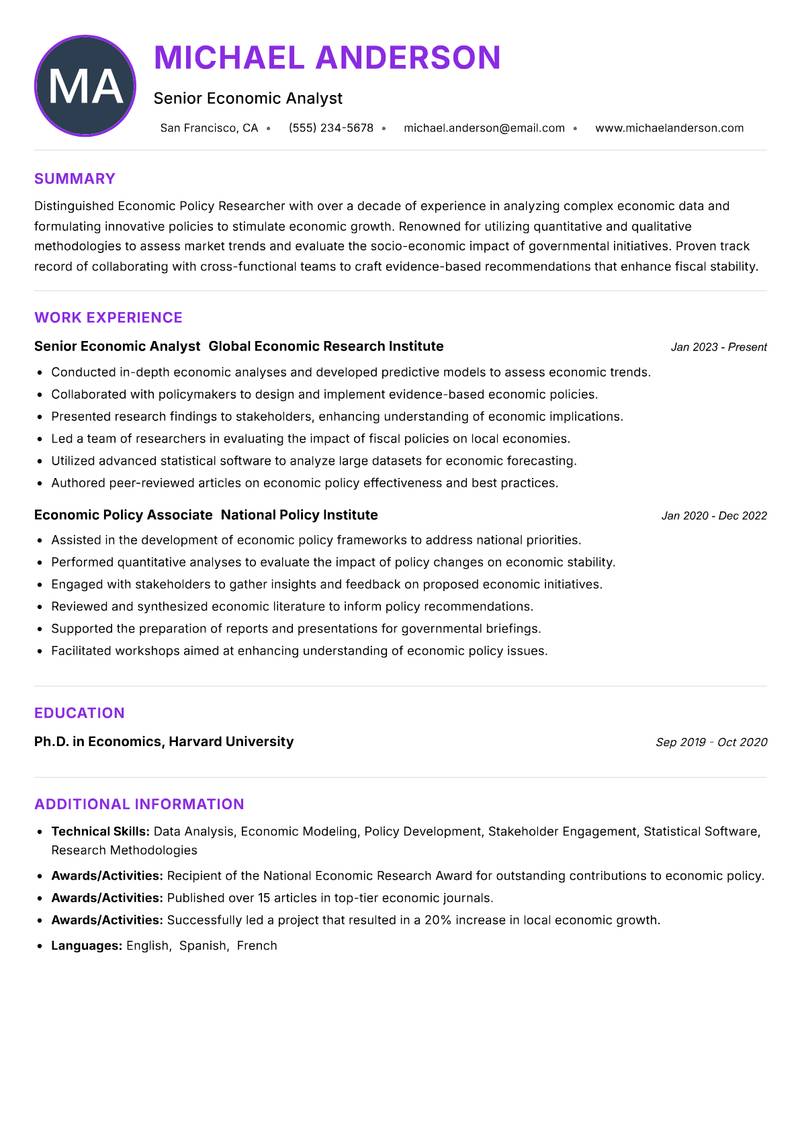 Economic Policy Researcher resume example — ATS-friendly template