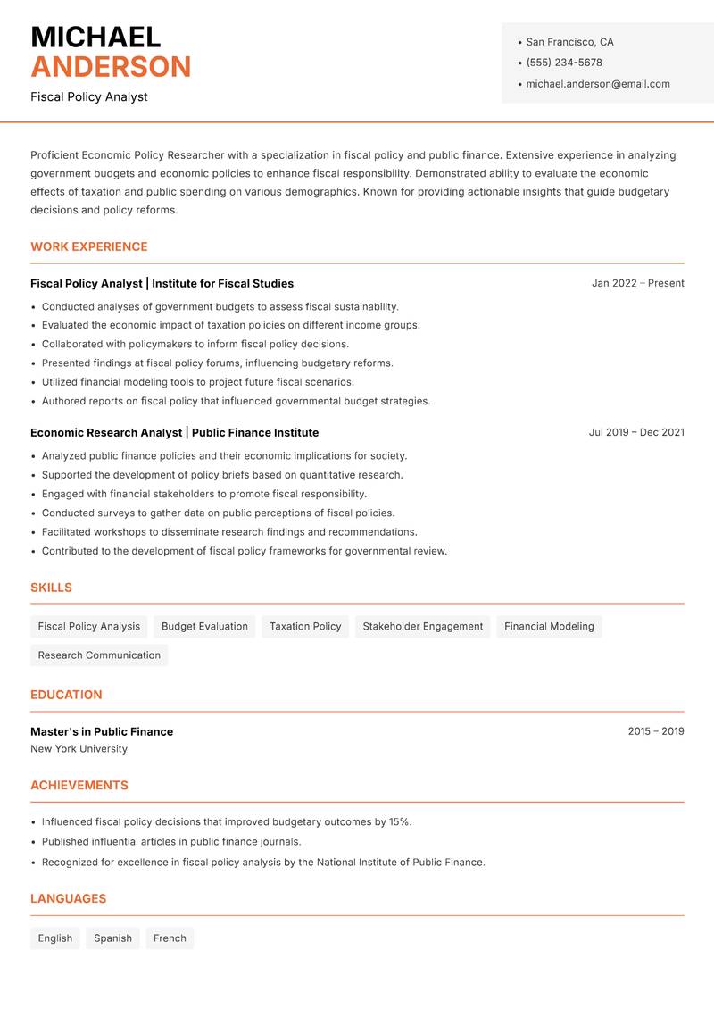 Economic Policy Researcher resume template — Modern Professional