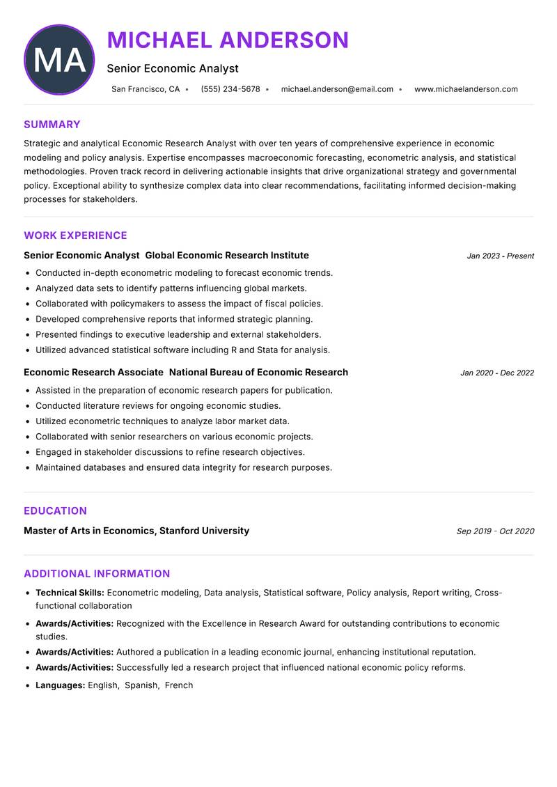 Economic Research Analyst resume example — ATS-friendly template