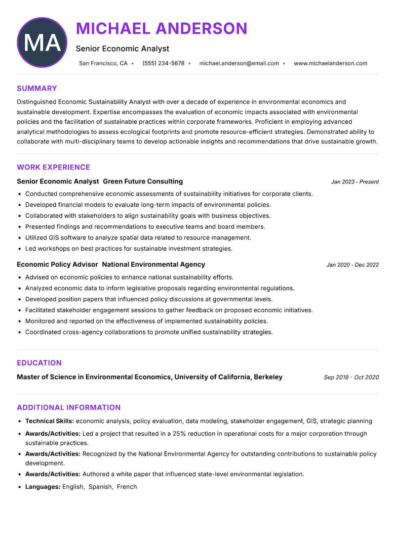 Economic Sustainability Analyst resume example — ATS-friendly template