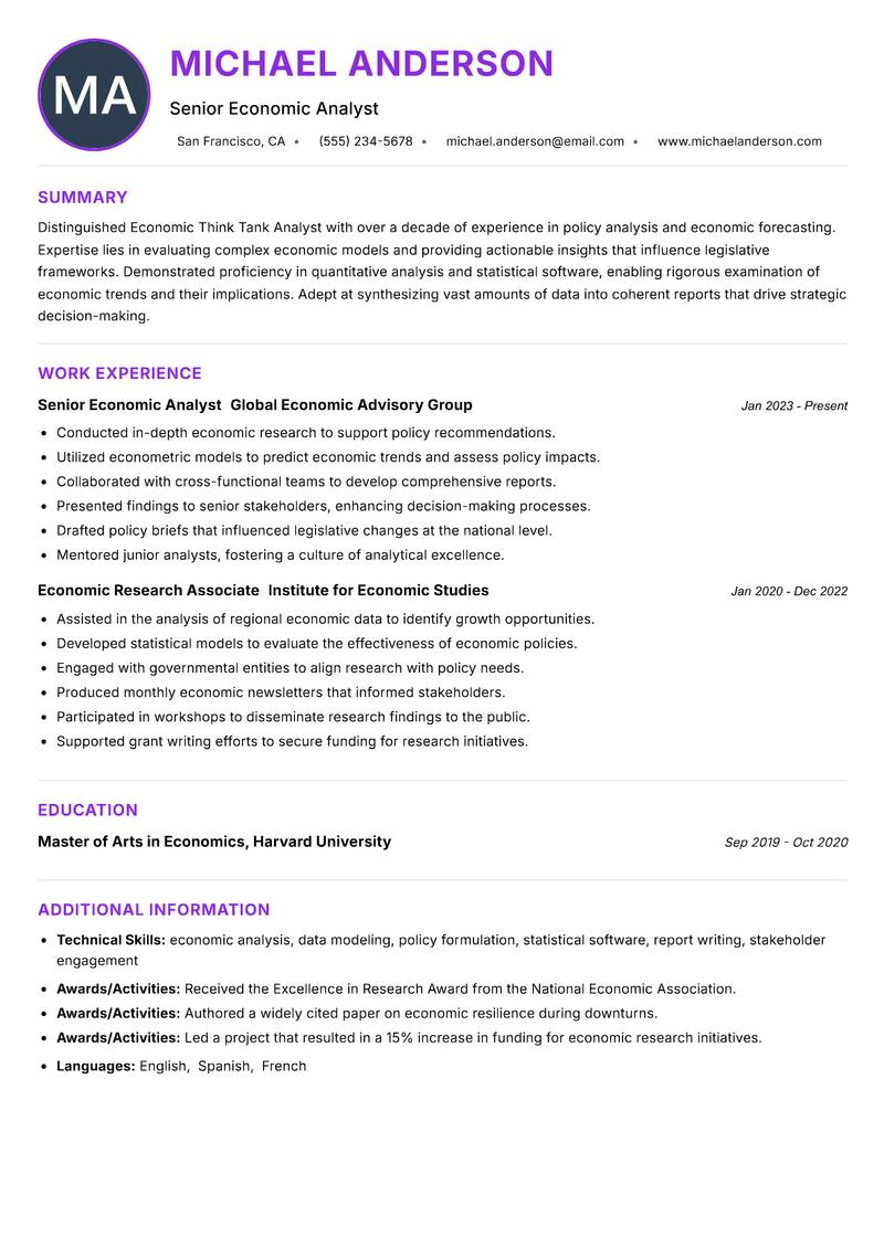 Economic Think Tank Analyst resume example — ATS-friendly template