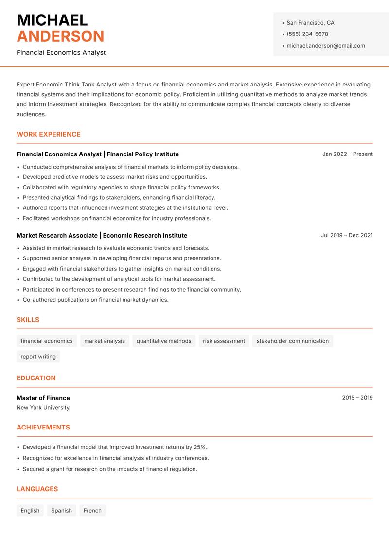 Economic Think Tank Analyst resume template — Modern Professional