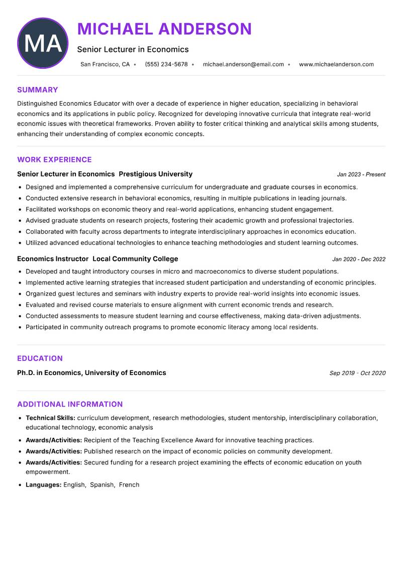 Economics Educator resume example — ATS-friendly template